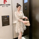 
Pierre cardin square collar chiffon dress for women summer 2025 new street-fried small person who reduces age and looks slim and waist-hugging mesh fairy skirt apricot color skirt 9435 first belt S