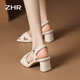 ZHR Sandalen für Frauen im Sommer elegante Ein-Streifen-dicke Absätze für Frauenschuhe sanfte Farbschere für Frauen Y683 Beige 36