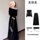 St. Paul's one-shoulder black knitted dress women's autumn and winter 2025 new Hepburn style inner long skirt suit black suit S size