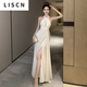 LISCN French halter neck slit satin backless sexy fashionable dress light luxury party birthday party evening dress white S