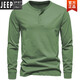 JEEP SPIRIT Henley shirt men's spring and autumn heavyweight t-shirt pure long-sleeved Henley collar quality cotton men's business bottoming shirt slim fit top light gray 3XL