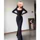 Pingyu Bubu Shenglian square neck long-sleeved fishtail arm-wrapped dress for women, autumn temperament, slim waist, slimming and sexy long skirt, black L