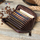 RollsMinjor brand new casual top layer cowhide zipper organ card bag genuine leather bank card bag men's retro handmade card clip brown 10 card positions