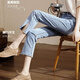 Fanzelang [alta calidad] Jeans elásticos de cintura alta para mujeres Straight Straight Spring y Summer New Slimming Nine Point Slit Pants 826 Elástico Blue Nine Point XS [72-85] Jin [Jin equivale a 0.5 kg]