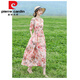 
Pierre cardin retro ethnic style women's long skirt summer age-reducing mother m mother suit lace waist-hugging slimming cotton linen dress floral dress 683 pink XL
