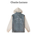Charlie Luciano水洗做旧烫钻连帽牛仔衬衫秋季新款3899情侣男女同款CL外套 蓝白 XS