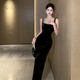 YIOU Sexy Temperament Suspender Dress Celebrity Annual Party Slim Fit Hip-covering Evening Dress Velvet Black Long Skirt 8585 Black M