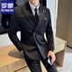 ROMON high-end double-breasted suit suit male groom wedding dress formal fit Korean solid color suit three-piece suit black single-piece suit XL/52