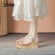 Sandales de coin zhr pour les femmes Summer Real Cow Hide Sole Sole pour femmes Chaussures à la mode à la ceinture mince et à talons hauts pour femmes AY92 Champagne 37