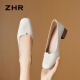 ZHR粗跟单鞋女经典拼接工作皮鞋通勤一脚蹬浅口女鞋软底AH673米色36