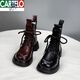 CARTELO leather Martin boots for women 2024 new autumn British style European products ins trendy slim thick-soled short boots burgundy (added velvet style) 38
