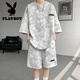 花花公子（PLAYBOY）夏季套装男小众设计感扎染七分袖t恤短裤潮流酷帅大码男装一整套 TZ757扎染黑 M (建议95-110斤)