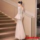 Swirling champagne color evening dress for women, high-end banquet style, light luxury, niche celebrity, host fishtail dress, champagne color L 170