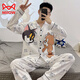Cat Man (MiiOW) Pure Cotton Men's Pajamas Spring and Autumn Teenagers Cartoon Student Cardigan Large Size Men's Long Sleeve Trousers Home Clothing 9901 (Long Sleeve Cardigan) L