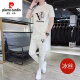 皮尔卡丹（pierre cardin）夏季冰丝套装男士休闲运动短袖上衣搭配时尚潮流帅气男装裤子一套 867米白色套装 2XL