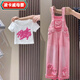 
Lingkaqi girls overalls suit summer 2025 new trendy and fashionable internet celebrity summer loose jeans medium-sized children's pants white graffiti short-sleeved + pink five-pointed star overalls 170