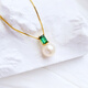 ZHUELLA Freshwater Pearl Vintage Green Zircon 925 Silver Pendant Necklace 7.5-8.5mm