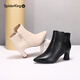 Spider King Boots Women's Autumn and Winter New Genuine Leather Thick Heel Plus Velvet Leather Shoes Pointed Toe Women's High Heel Short Boots Versatile Women's Shoes Ankle Boots Black Velvet 35