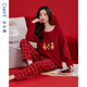 Darli red round neck couple pajamas for women spring and autumn pure cotton long-sleeved cartoon print wedding year red home clothes for men T8245243-029-red women M