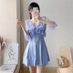 Bo Na Ling swimsuit women's ins hot spring swimsuit one-piece swimsuit outer skirt conservative sexy sun protection short sleeves slimming belly cover blue skirt swimsuit 80-120Jin Jin is equal to 0.5 kg