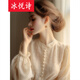 Ice Essay 2025 early spring new French long-sleeved top niche design high-end European fashionable apricot lace shirt women rice apricot shirt L recommended 110-120Jin [Jin equals 0.5 kg]
