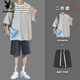 Traje de manga corta a rayas Playboy ropa de verano para hombres y ropa hermosa con camiseta de moda pantalones cortos de mezclilla set 9226 blanco + 147 pantalones cortos de mezclilla azul 2XL 2XL
