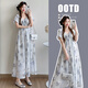 Yibaiyi (yIBAIyI) new maternity dress 2025 summer dress romantic casual V-neck lace waist long skirt loose maternity dress blue M90-115Jin [Jin equals 0.5 kg]
