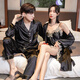 Modal 2 set price imitation silk couple nightgown for men and women spring and autumn suit shorts women's suspender skirt two-piece ice silk embroidered bathrobe 0521 black men's suit women's lace nightgown XL male + female M