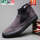 卡帝乐鳄鱼（CARTELO）高帮鞋男鞋春秋2025翻毛一脚蹬韩版潮流板鞋男士百搭休闲布鞋 9866全黑色单鞋 38