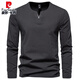 Pierre Cardin Henry heavyweight men's long-sleeved T-shirt with spring and autumn slim casual v-neck solid color bottoming shirt clothes top black XL