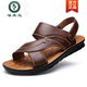 Holzspecker-Slipper Herren 2025 Neue Sommer Flip Flops Beach Schuhe Weiche Sohle lässige Outdoor-Dual-Use-echten Ledersandalen Herrenschuhe Chengfa 12129-Brown 39