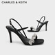 CHARLES/KEITH semi-precious stone pleated one-strip high heels sandals girls birthday gift CK1-60361402 Black 34