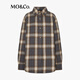 MO&Co. Shirt 2025 Winter New Product Double-sided Brushed Thick Cotton Gradient Plaid Matte Old Feel Unisex MBE4SHT003 Gray Brown Plaid S /160