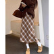 Hao'e retro woolen plaid skirt for women autumn and winter brown high waist slim pear-shaped figure long slit a-line skirt khaki M recommended 96-110Jin Jin equals 0.5 kg