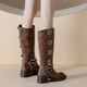 Feyuega Knight Boots Women's Retro Maillard Thick Heel Belt Buckle Martin Boots But Knee Boots New Western Denim Boots Brown 38