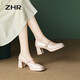 ZHR玛丽珍鞋女春秋复古法式粗高跟单鞋女方头优雅女鞋EHSA37米色37