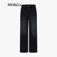 MO&Co. jeans tailored mid-high waist nine-point small straight tapered washed black hand-rubbed Nekosuma Anko denim black L 28