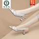 Holzspecker High-End-Marke Thin Heel Fish-Mund Mode Sandalen für Frauen 2025 Sommer Neues echtes Leder mit mittlerem Heel Ein-Liner Mutterschuhe im Off-Weiß 36 36 36