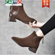 CARTELO 2025 new genuine leather suede short boots low heel soft leather nude boots women's spring and autumn single boots round toe thick heel matte leather shoes brown-single 34
