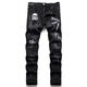 Fei Shimi New Style High Street Herren Ripped Jeans bestickt S Tight Mid-Tendy Herren trendy lässige schwarze Hosen Schwarz 3523 29