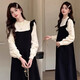 Maternity dress spring and autumn French Hepburn style large size loose fake two-piece knitted skirt autumn and winter high-end black fake two-piece set L