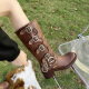 Feyuega Knight Boots Women's Retro Maillard Thick Heel Belt Buckle Martin Boots But Knee Boots New Western Denim Boots Brown 38
