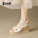 
ZHR head layer cowhide sandals for women thick sole wedge shoes for vacation cross straps for women S169 beige 36
