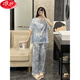 Langsha Ice Silk Pyjamas Frauen Sommer dreiteiliger Set kurzärmelig dünnes großer Eis Silk Sommer Internet Promi Wind Sky Blue Home Kleidung LT-3888 Rabbit-Three-Piece Set m
