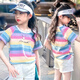 Pitt Pitt Girls Short Sleeve T-shirt 2025 Summer New Trendy T Children's Korean Loose Striped Top Medium Large Children's Summer 3505 Rainbow Stripe + 9922 White 140 cm