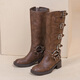 Feyuega Knight Boots Women's Retro Maillard Thick Heel Belt Buckle Martin Boots But Knee Boots New Western Denim Boots Brown 38