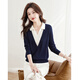Sibaishe spliced ​​V-neck sweater for women 2026 spring new style shirt lapel fake two-piece thin bottoming top
