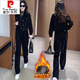 皮尔卡丹（pierre cardin）加绒加厚休闲套装女2025秋冬季新款保暖时尚外套阔腿裤两件套 6198#黑色【春秋款】 XL 【建议110-125斤】