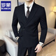ROMON double-breasted gun lapel suit men's suit slim casual Korean style business formal men's wedding three-piece suit 338 black double-breasted suit + trousers XL