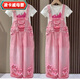 
Lingkaqi girls overalls suit summer 2025 new trendy and fashionable internet celebrity summer loose jeans medium-sized children's pants white graffiti short-sleeved + pink five-pointed star overalls 170